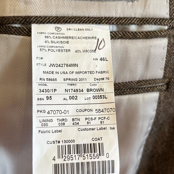 John W Nordstrom Cashmere Silk Blazer 46L Brown Herringbone 2 Button Sport Coat - Picture 11 of 11